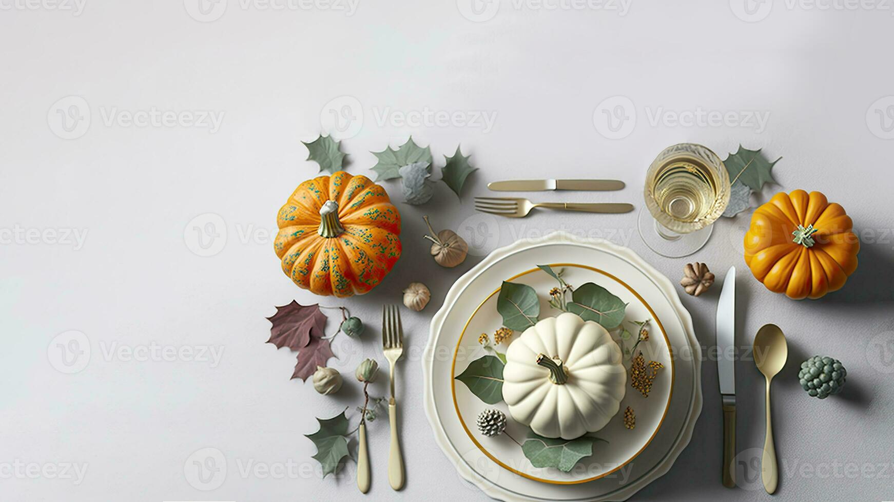 Haut vue de l'automne table installer avec assiettes, coutellerie et boisson verre. 3d rendre. photo