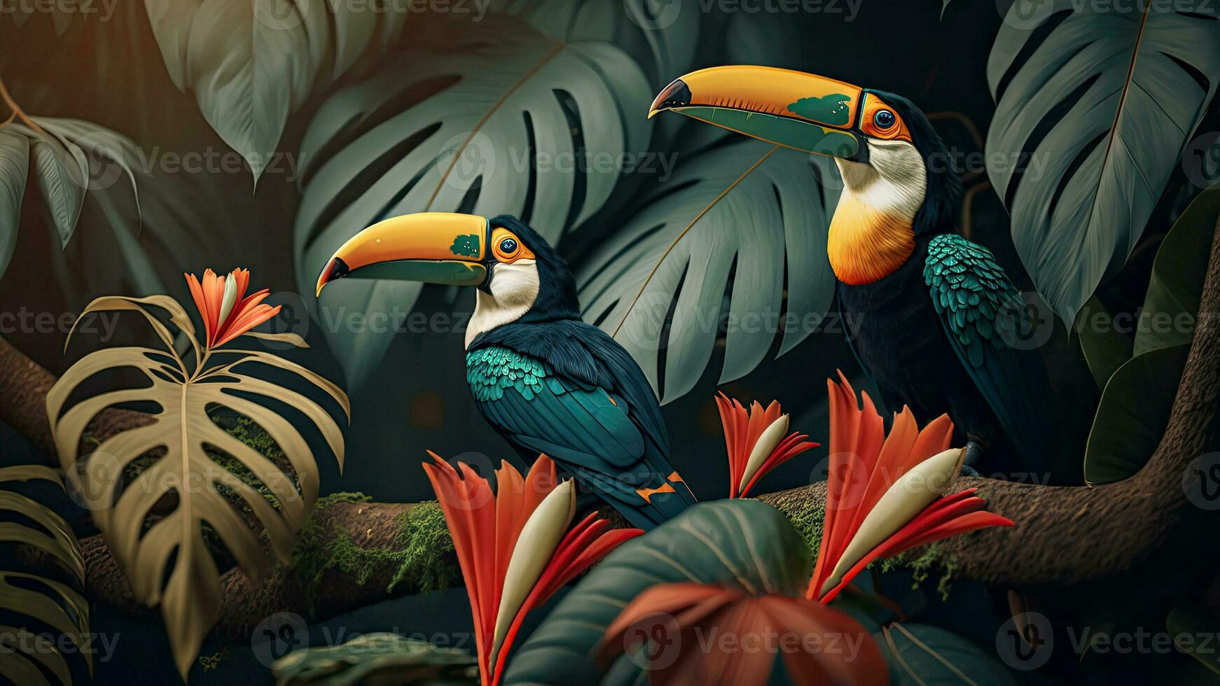 coloré paire de toucan toco des oiseaux séance sur branche entre feuilles tropical forêt tropicale , fleurs dans le arrière-plan, 3d le rendu incroyablement détaillé. photo