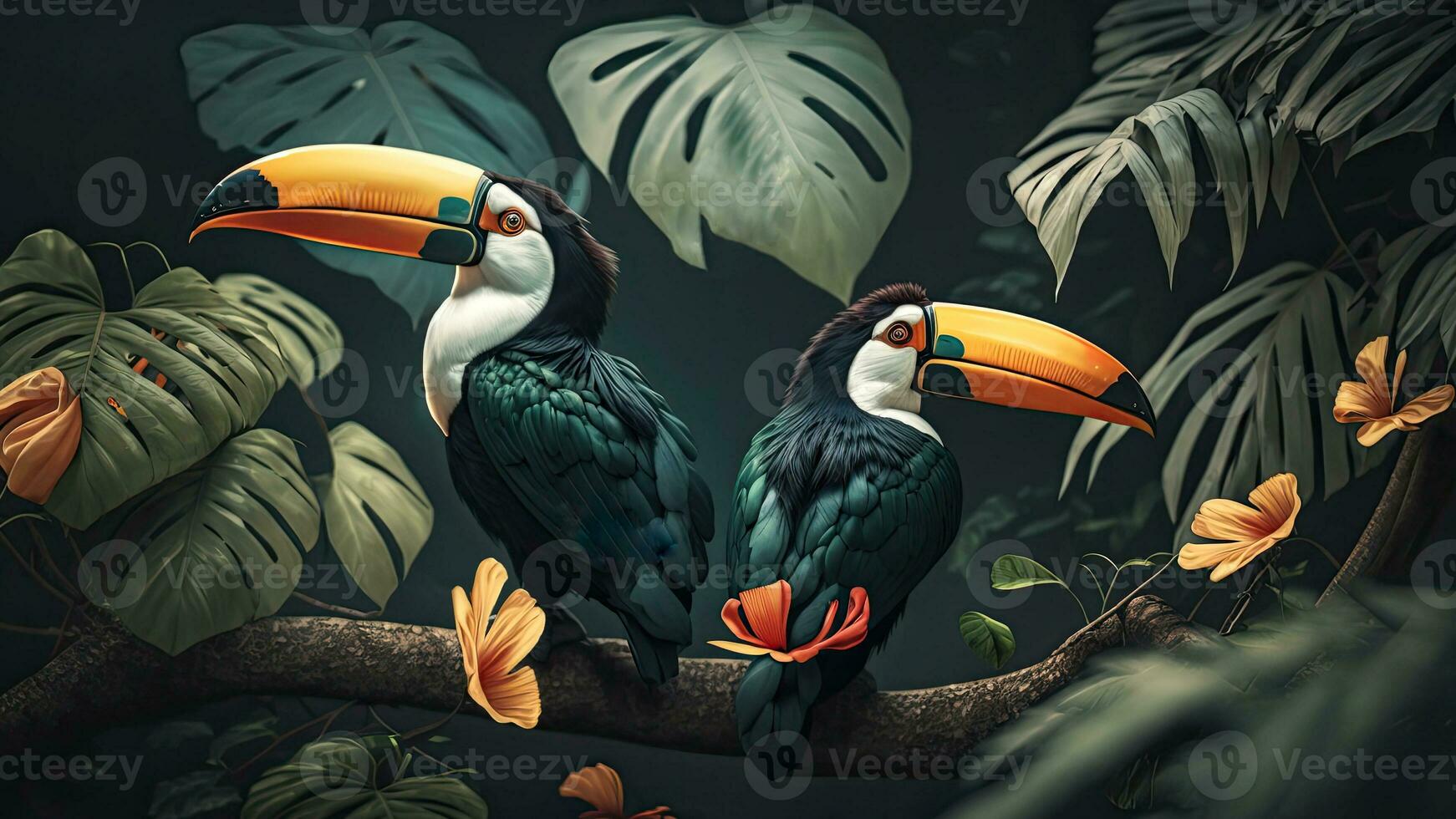 coloré paire de toucan toco des oiseaux séance sur branche entre feuilles tropical forêt tropicale , fleurs dans le arrière-plan, 3d le rendu incroyablement détaillé. photo