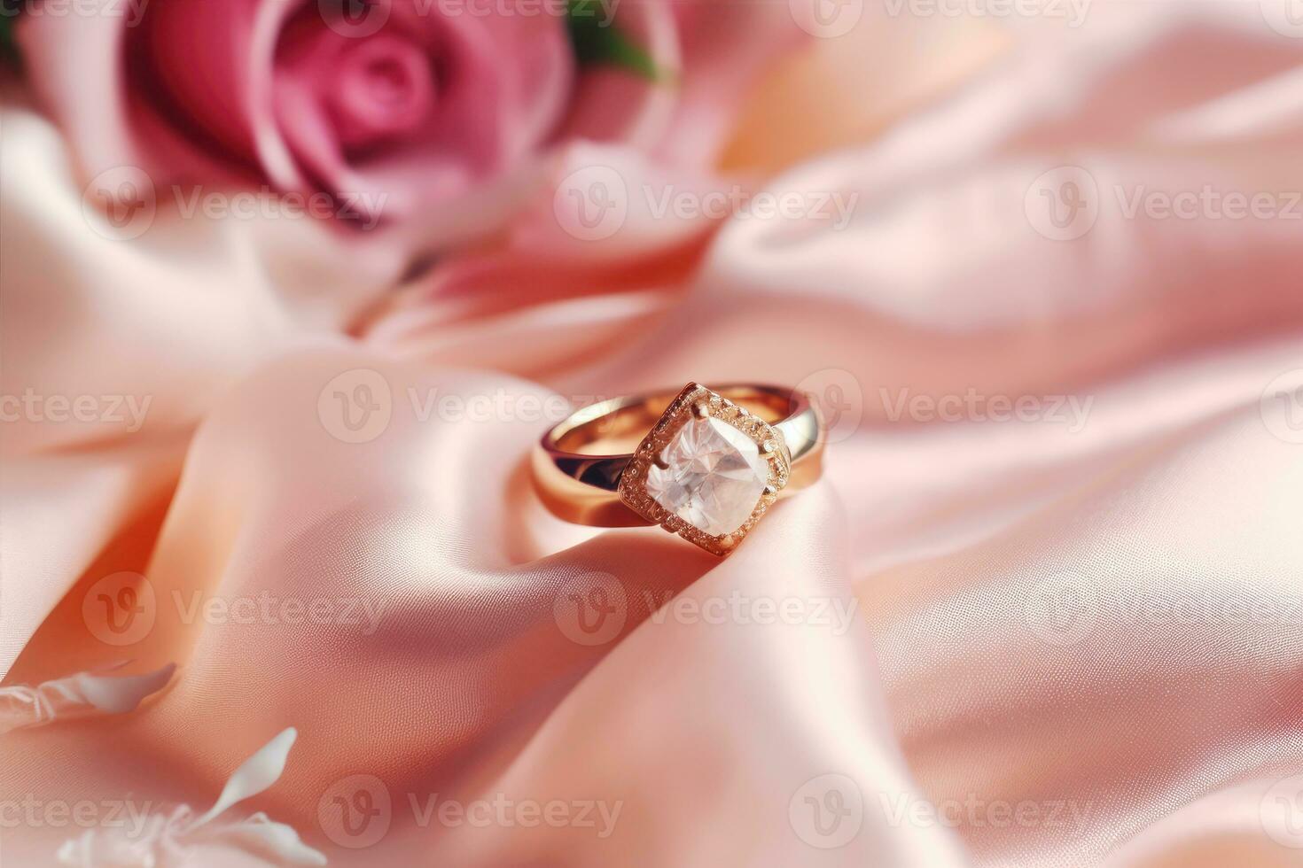 or bague avec diamant sur rose soie avec des roses photo