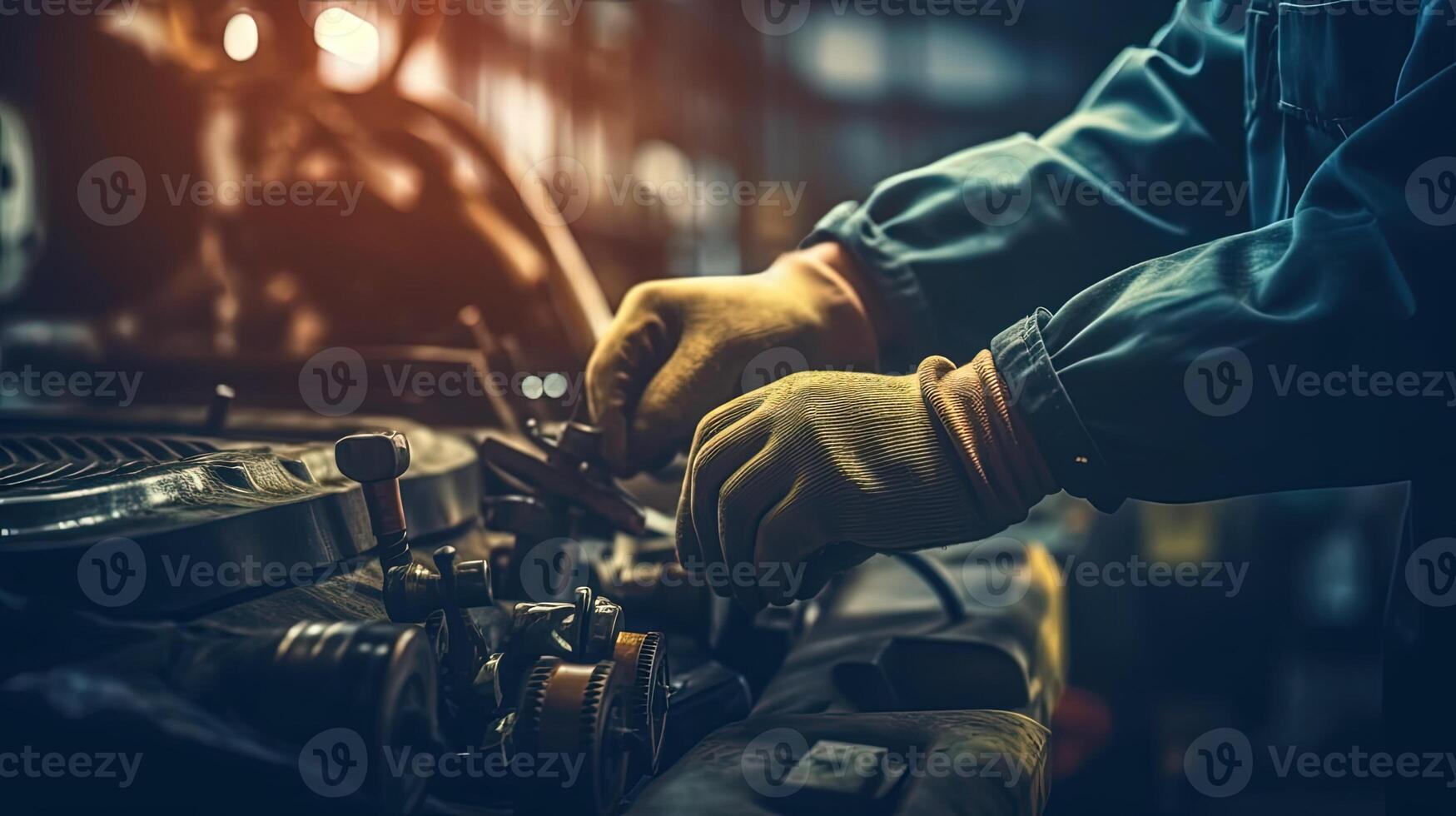 auto mécanicien travail sur voiture cassé moteur dans garage ou réparation service, authentique fermer tir. établi par génératif ai technologie. photo