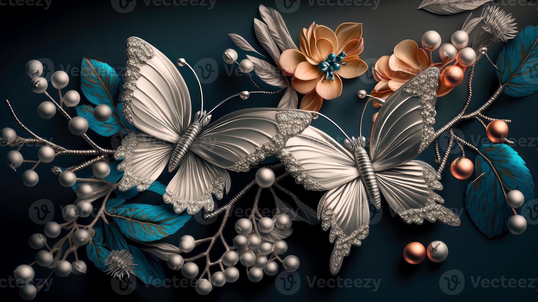 Haut vue 3d fond d'écran bijoux fleurs avec argent branches avec papillons incroyablement détaillé. généré par ai, numérique illustration. photo