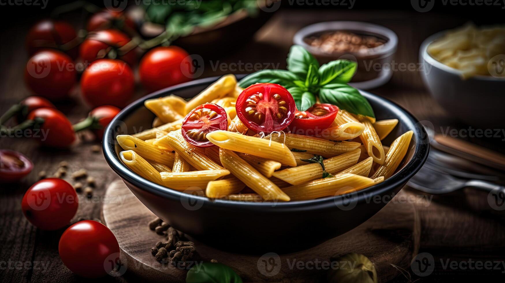 fermer photo de italien Penne Pâtes garnitures avec fromage, tomates et basilic sur foncé en bois tableau. génératif ai.