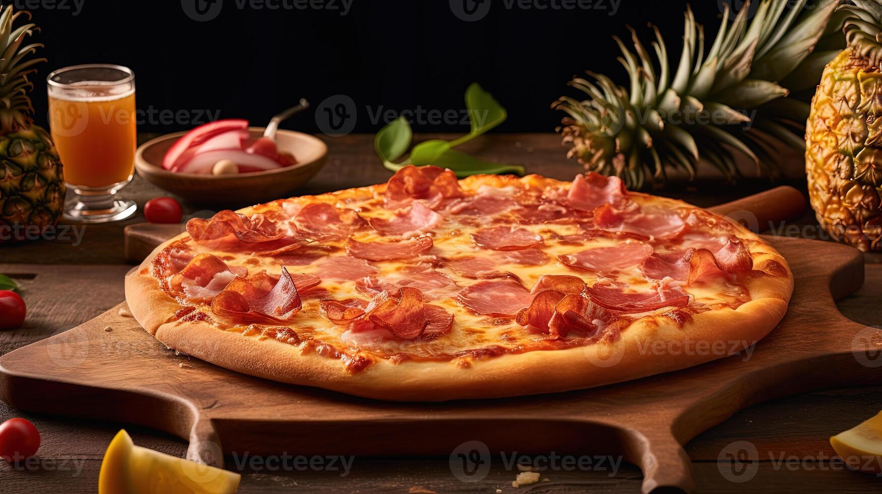 en présentant une hawaïen Pizza avec ananas, tomates et jus verre sur rustique en bois tableau, fermer voir. génératif photo