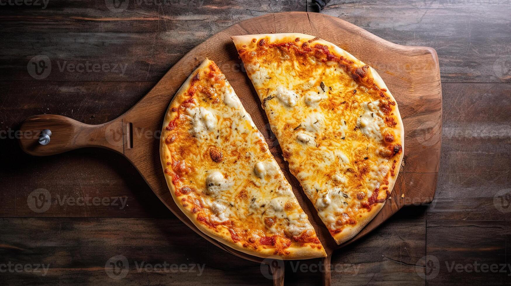 Haut vue image de Pizza margherita dans deux moitiés sur en bois couper planche pour italien nourriture concept. génératif ai. photo