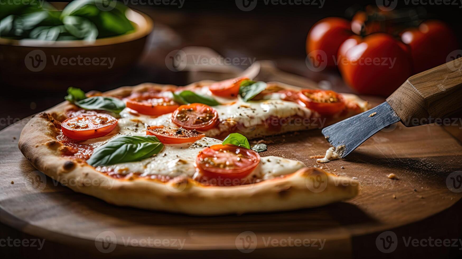 délicieux margherita Pizza et couteau sur en bois Coupe conseil, nourriture la photographie. génératif ai. photo