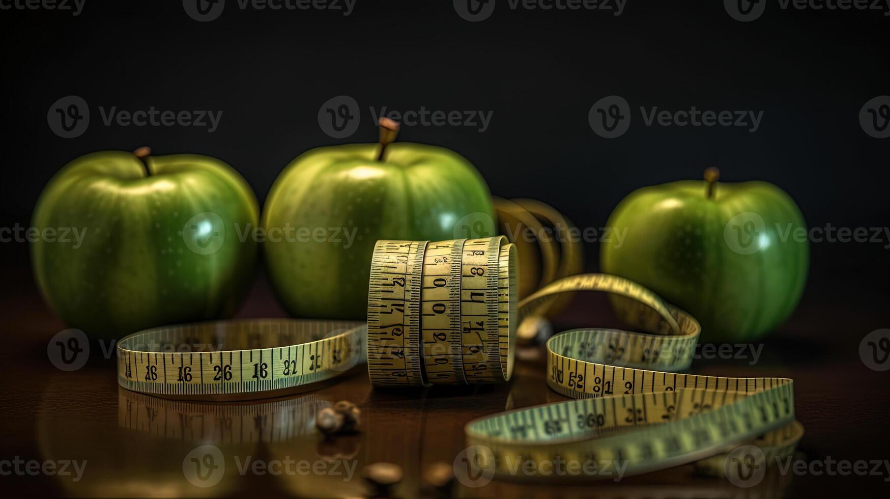 en bonne santé mode de vie de vert pommes avec des graines et mesure ruban sur foncé marron Contexte. génératif ai. photo