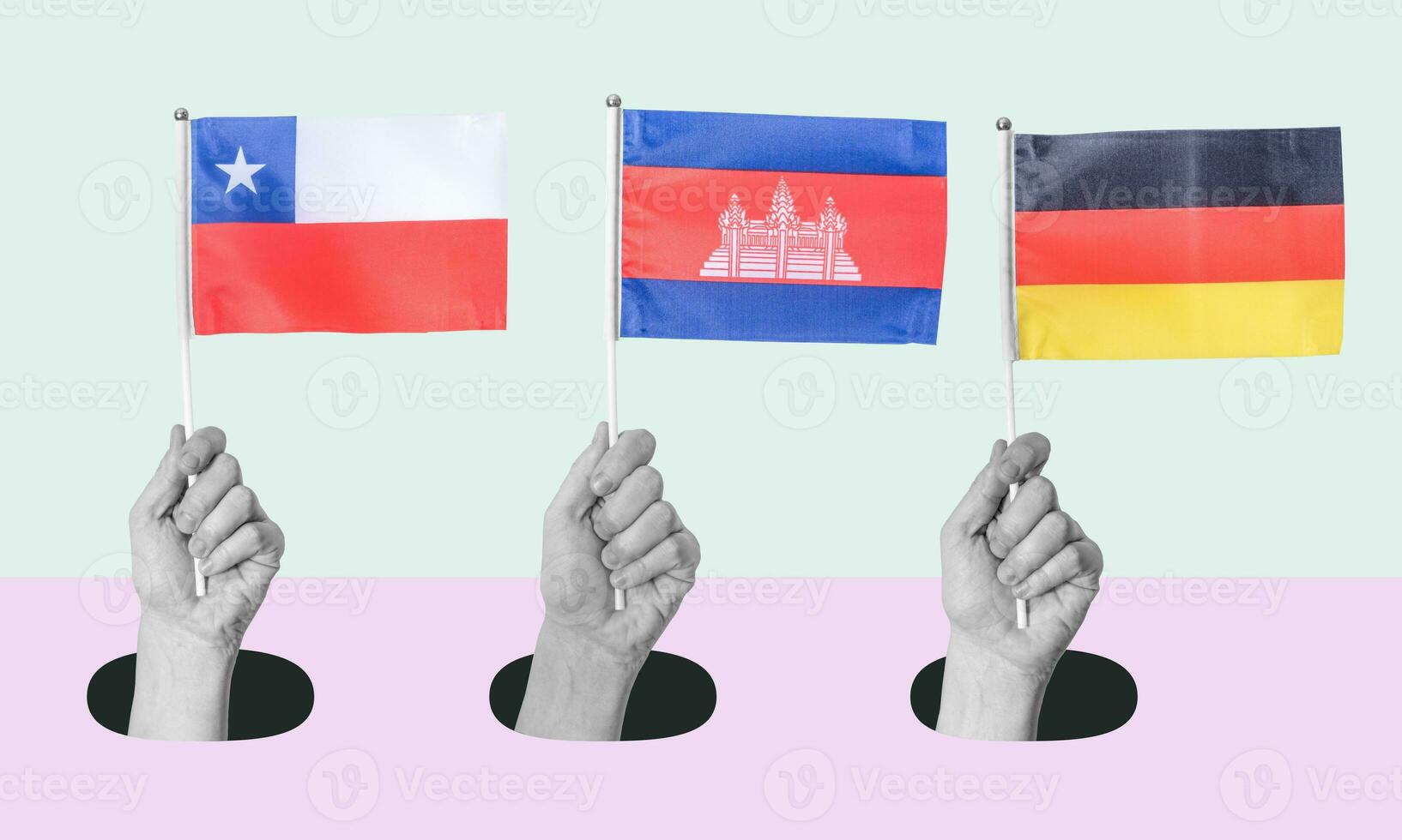 art collage, main avec le drapeau de Chili, Allemagne, et Cambodge sur une lumière Contexte. photo