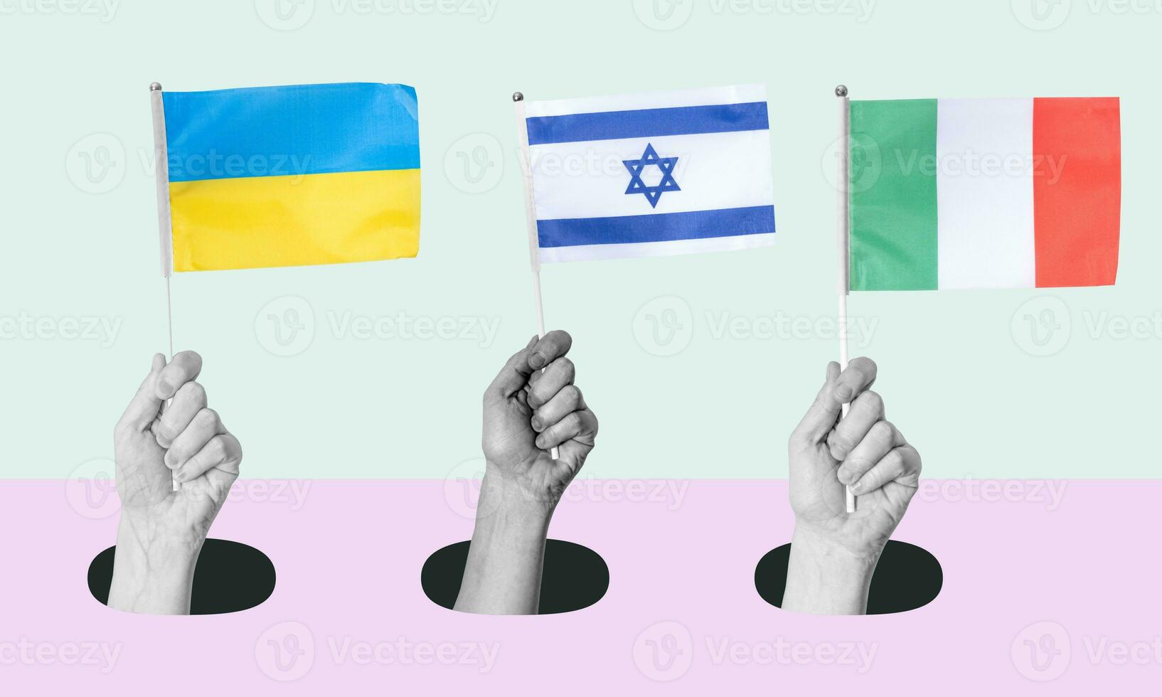 art collage, main avec le Ukraine, Israël, et Italie drapeaux sur une lumière Contexte. photo