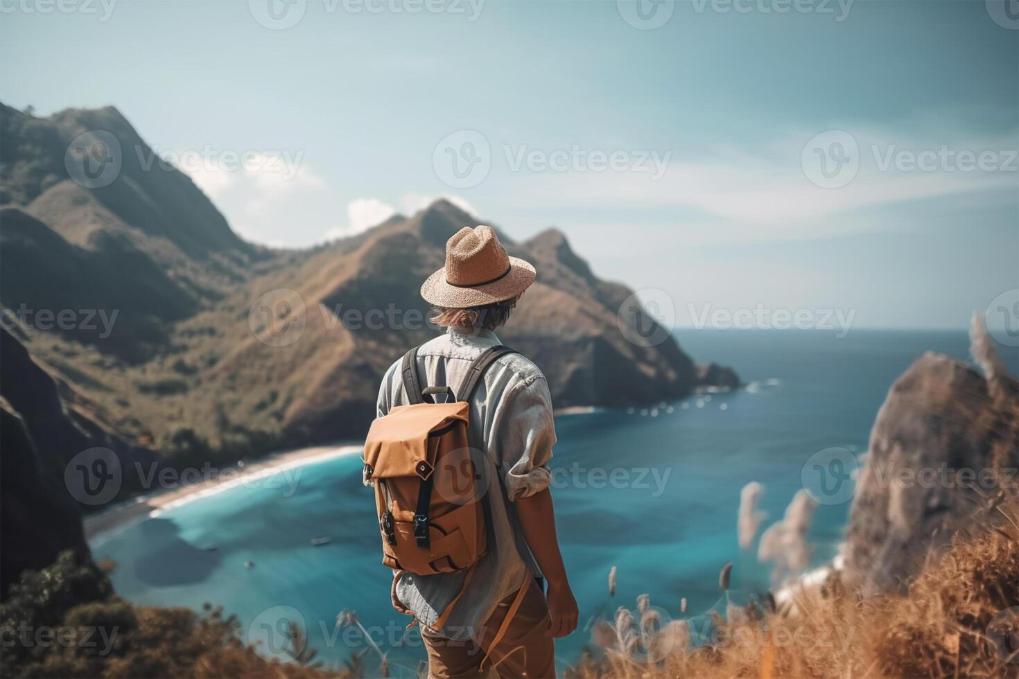 une homme regards en dehors plus de une Montagne et le océan. aventure voyage, été vacances. génératif ai photo