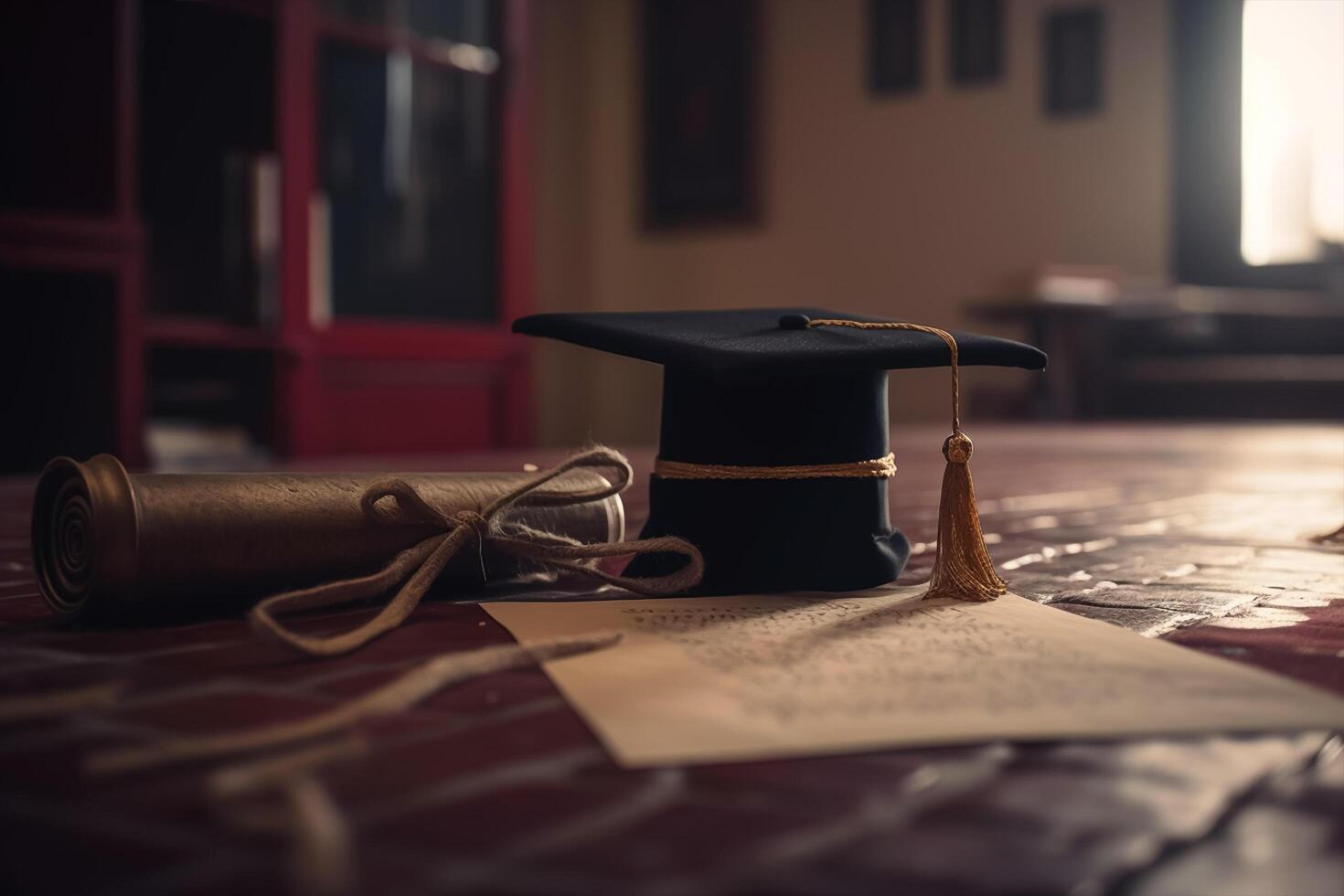 une noir l'obtention du diplôme casquette est assis sur Haut de une livre sur une en bois tableau. génératif ai photo
