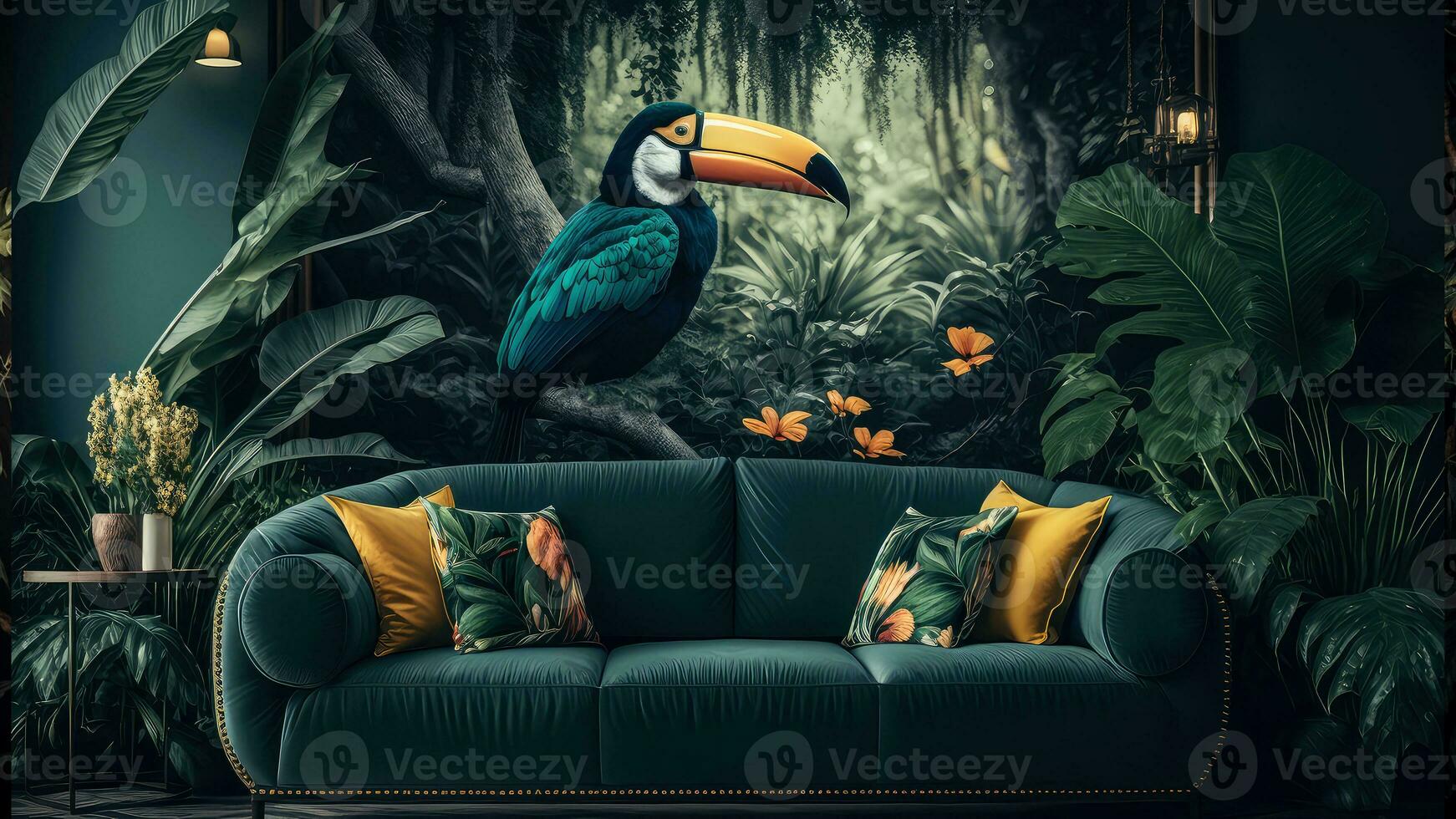 coloré paire de toucan toco des oiseaux séance sur branche entre feuilles tropical forêt tropicale , fleurs dans le arrière-plan, 3d le rendu incroyablement détaillé. photo