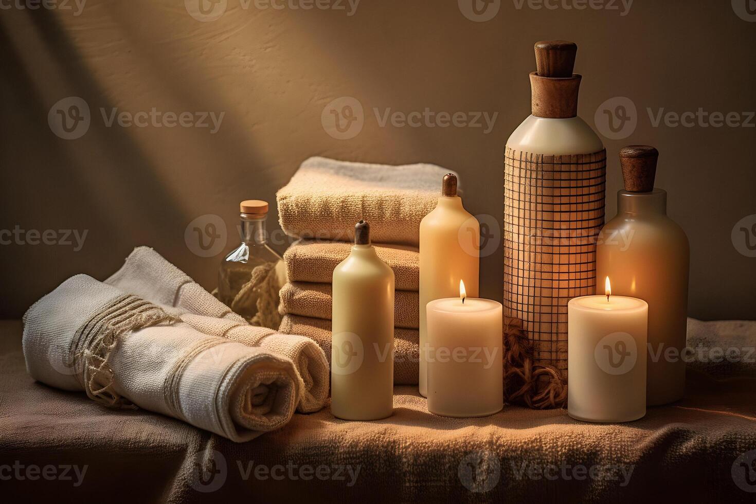 spa encore la vie avec bougies et les serviettes sur une marron Contexte. génératif ai illustration. photo