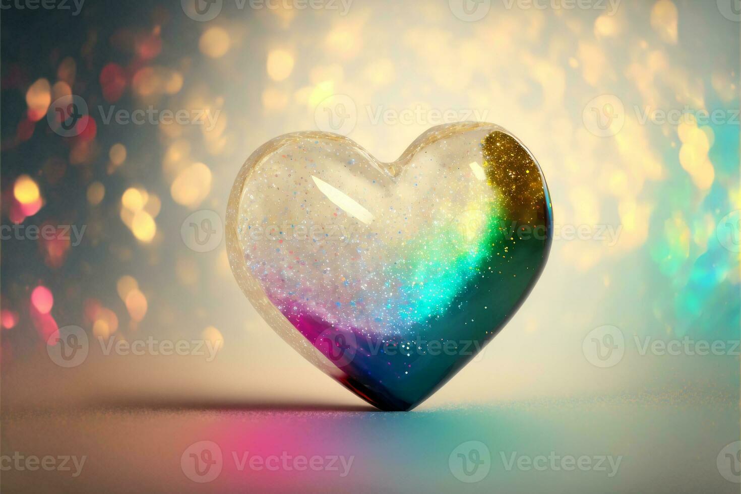 brillant coloré pailleté cœur forme sur arc en ciel bokeh Contexte. photo