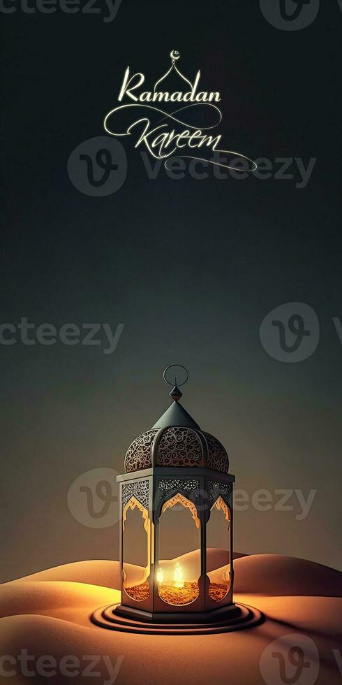 Ramadan kareem bannière conception avec 3d rendre, d'or exquis arabe lampe sur le sable dune. photo