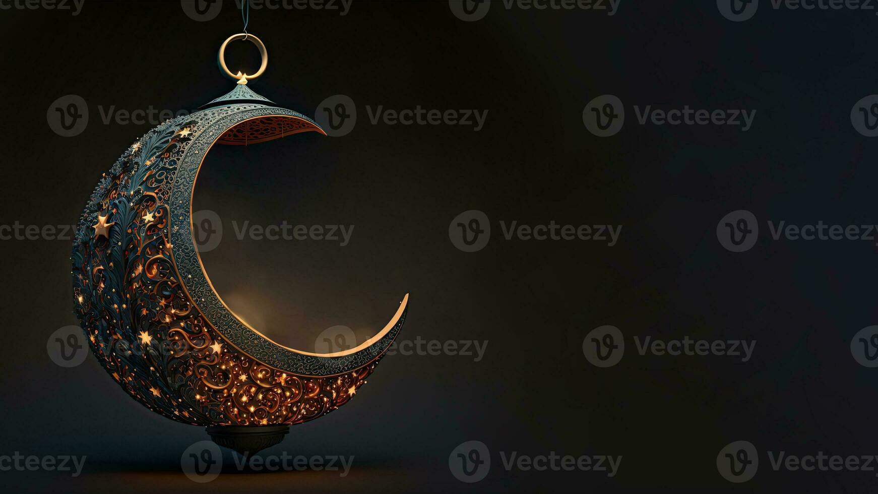 3d rendre de pendaison exquis croissant lune avec étoiles sur noir Contexte. islamique religieux concept. photo
