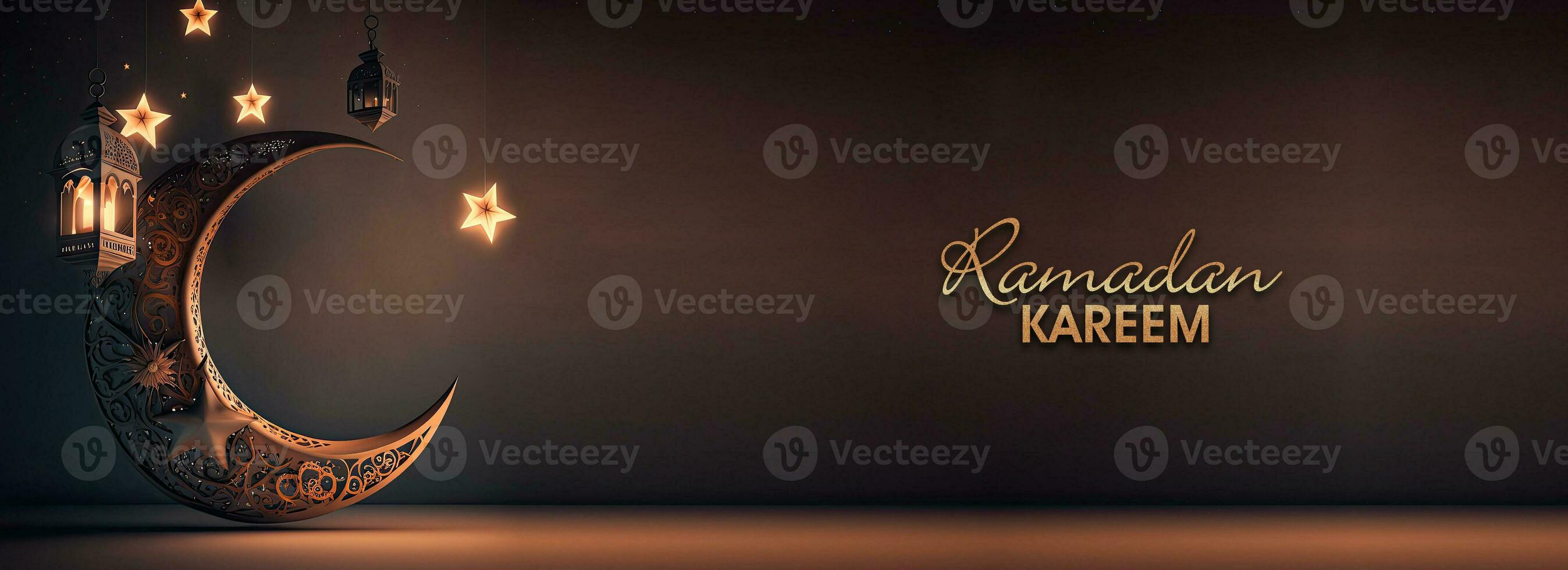 Ramadan kareem bannière conception avec d'or pailleté texte, 3d rendre de exquis croissant lune, pendaison illuminé lanternes et brillant étoiles décoré Contexte. photo