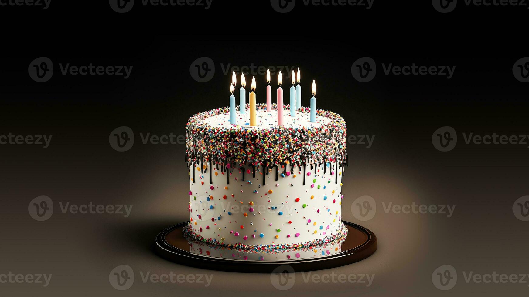 réaliste anniversaire gâteau décoré avec coloré arrose et beaucoup de allumé bougies. photo