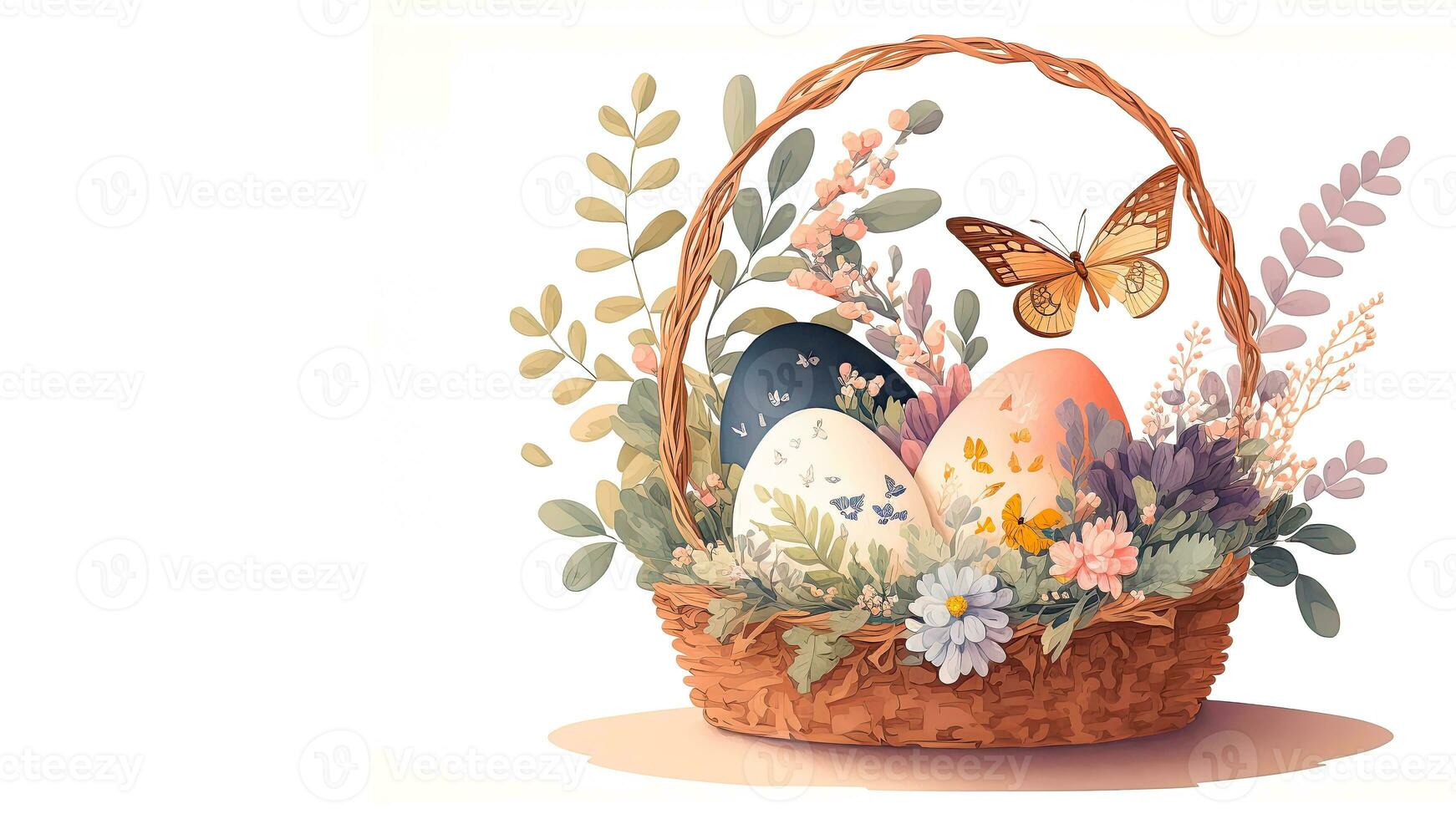 illustration de floral Pâques Oeuf panier avec papillon personnage et copie espace. content Pâques journée concept. photo