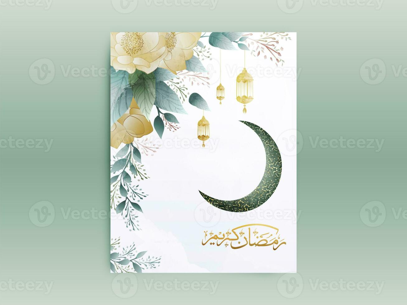 Ramadan kareem salutation carte avec d'or arabe calligraphie, croissant lune et d'or les lampes pendre sur floral Contexte. photo