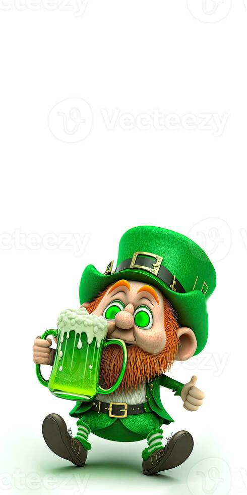 3d rendre de lutin homme personnage profiter avec Bière agresser sur blanc Contexte et copie espace. st. patrick's journée concept. photo