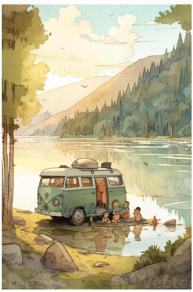 camping dans le montagnes. aquarelle une famille dans la nature paysage, montagne ,aventure, en voyageant caravane camping génératif ai. photo