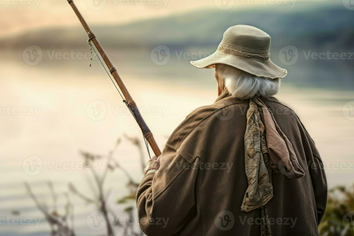 pêcheur vieux femme pêche canne à pêche. produire ai photo