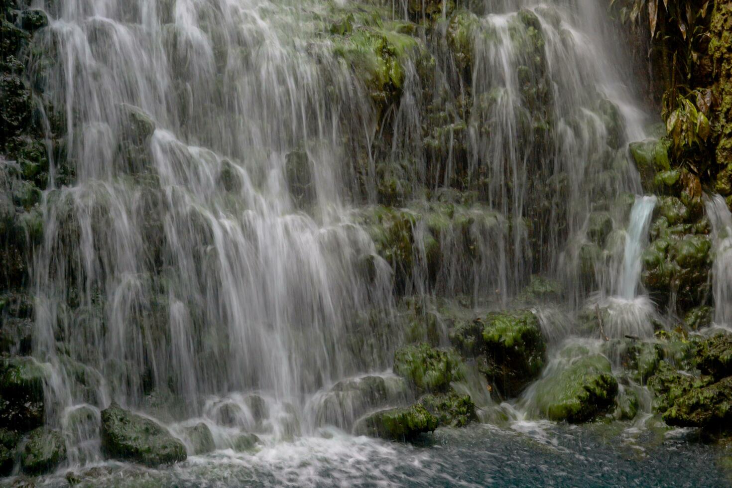 le cascade coin dans le jardin est fabriqué pour touristes à prendre des photos. et asseoir et se détendre près le du son de le écoulement l'eau et ressentir rafraîchi et cool. doux et sélectif se concentrer. photo