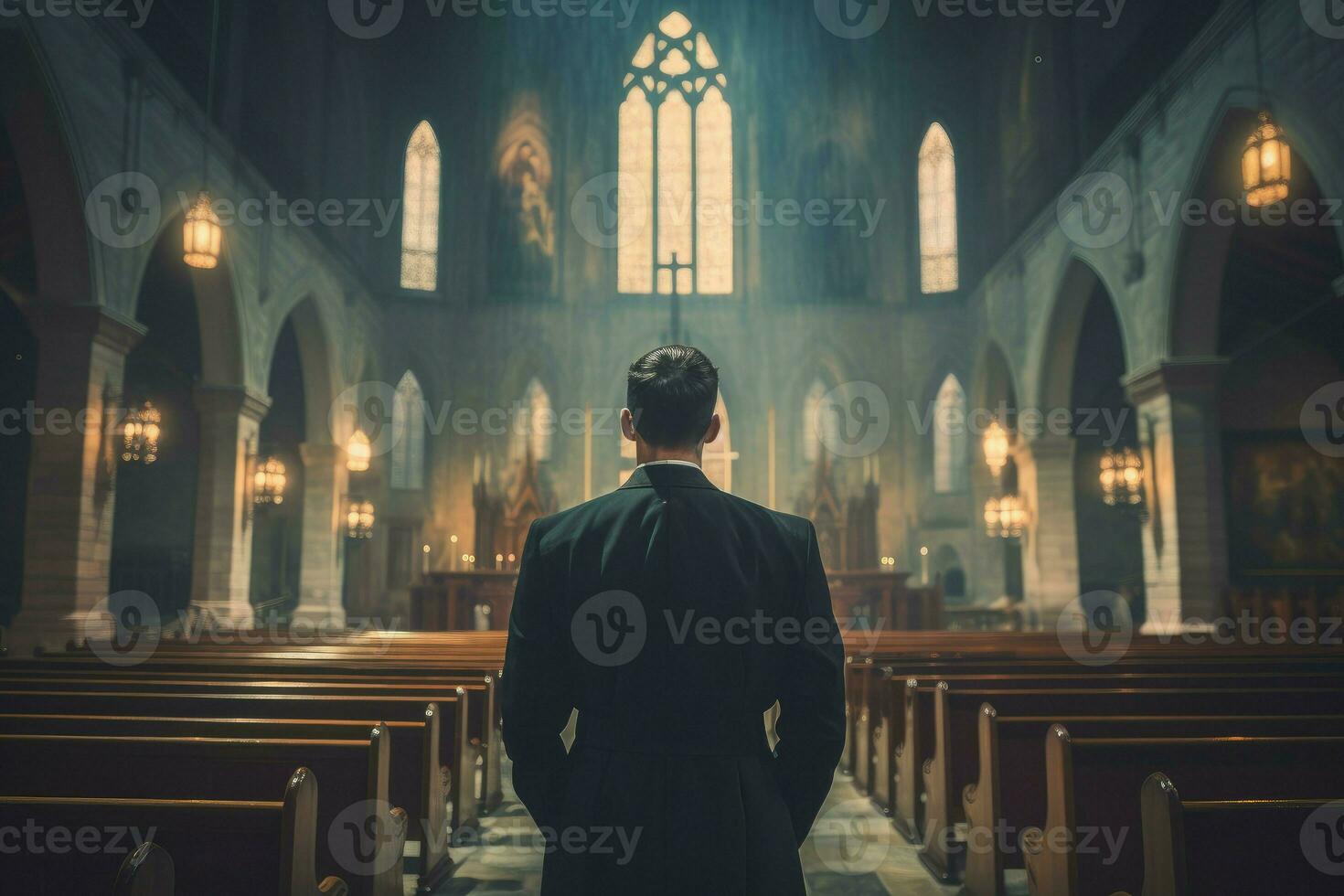 prêtre homme église intérieur. produire ai photo