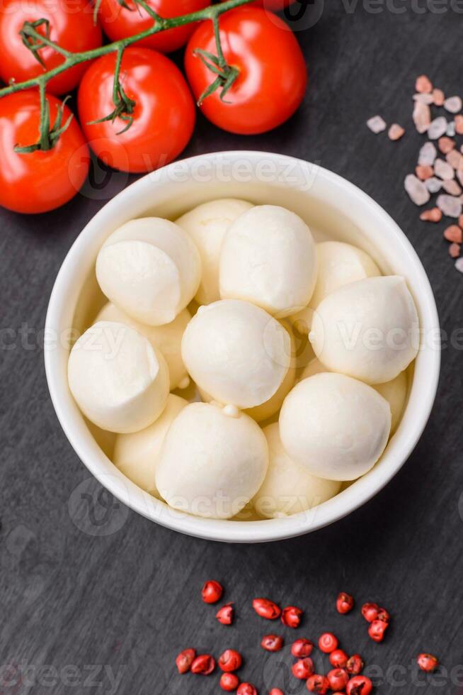 délicieux Frais mozzarella fromage dans le forme de petit des balles avec sel et épices photo