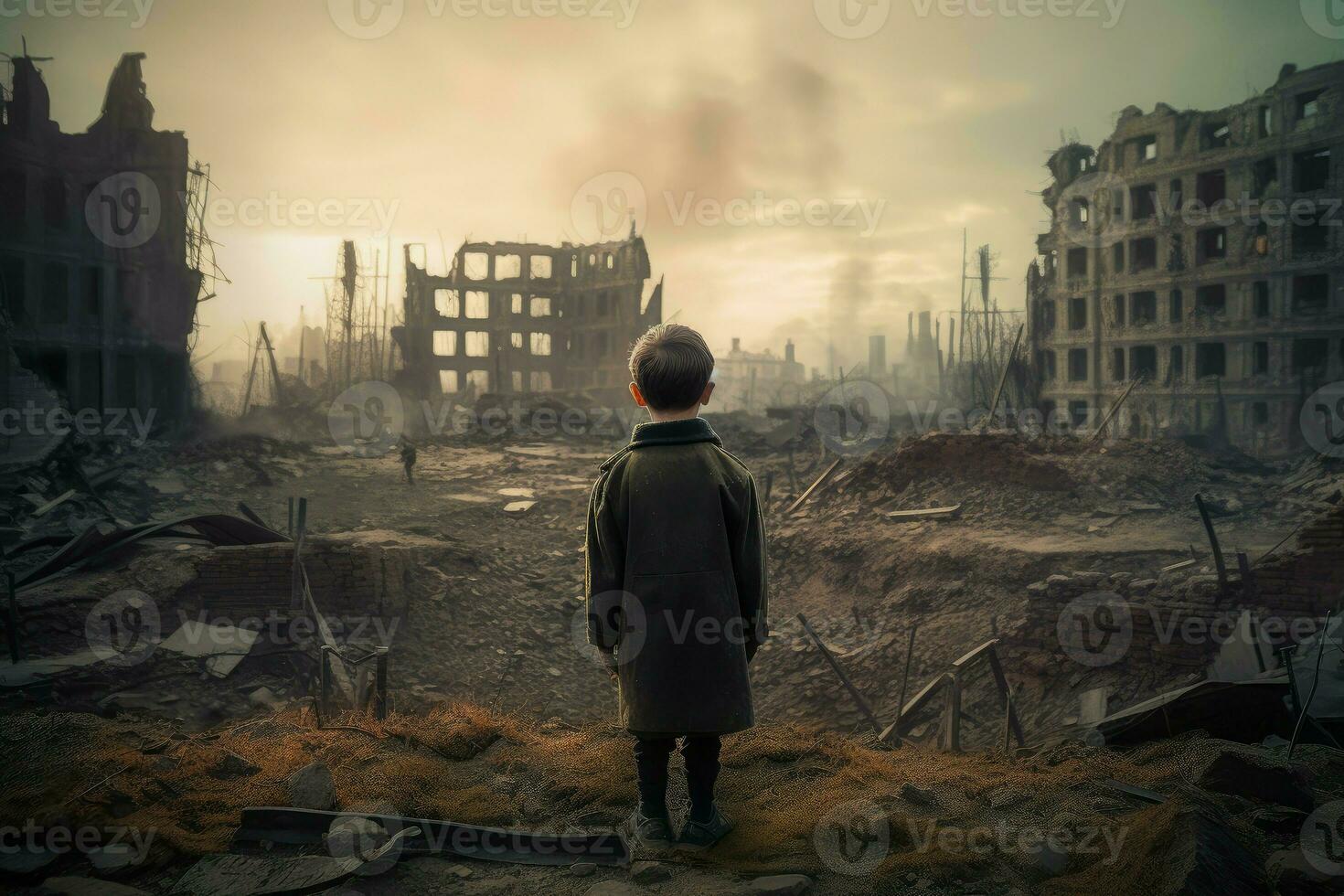 militaire enfant ruiné ville. produire ai photo