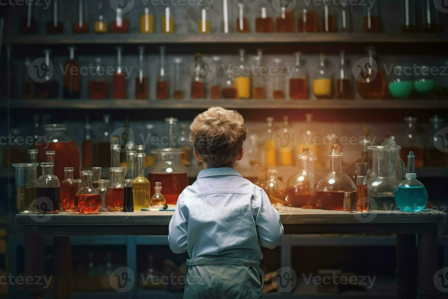 mignonne garçon dans plein chimique laboratoire. produire ai photo