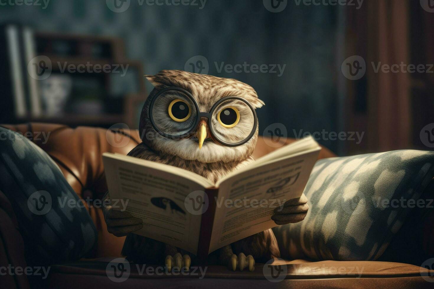 mignonne hibou en train de lire livre. produire ai photo