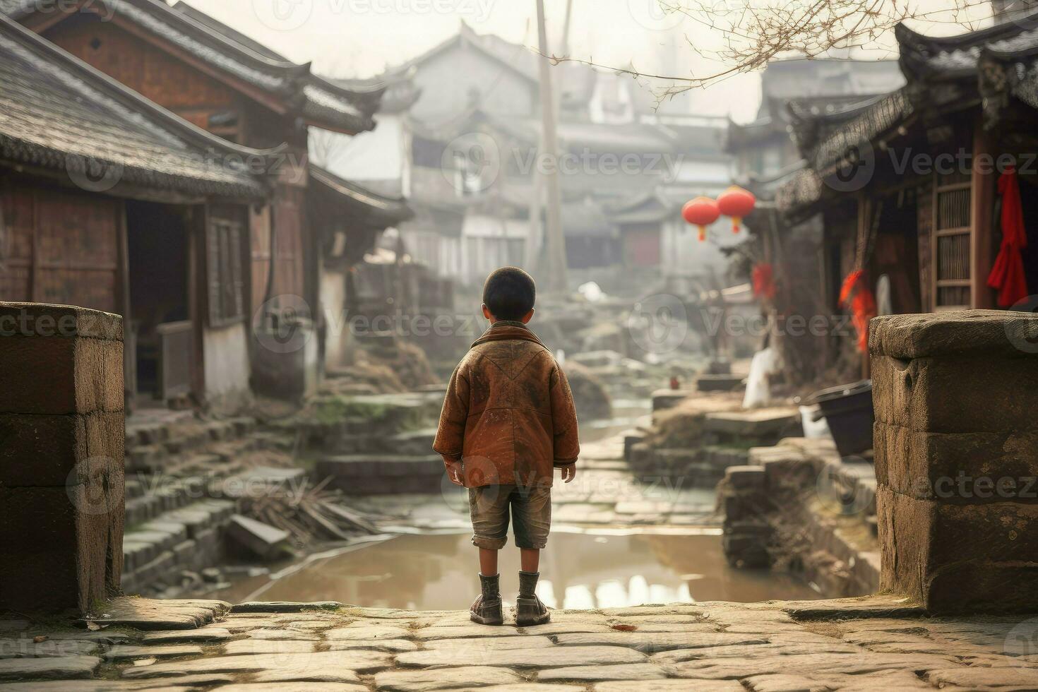 chinois village enfant garçon. produire ai photo