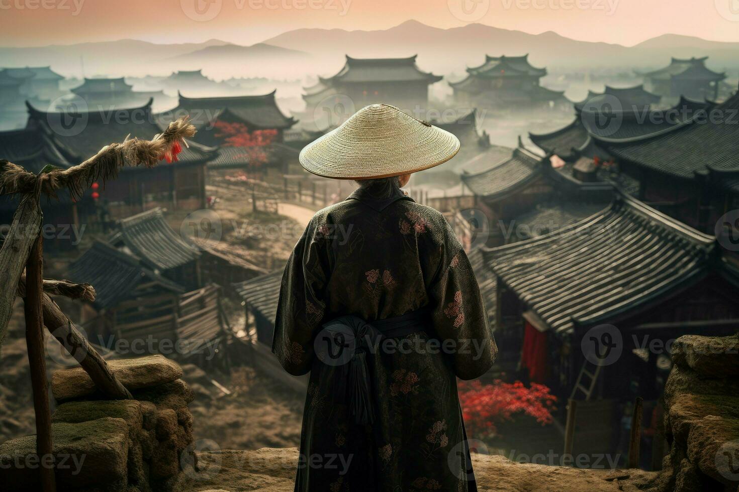 chinois village femme paysage. produire ai photo