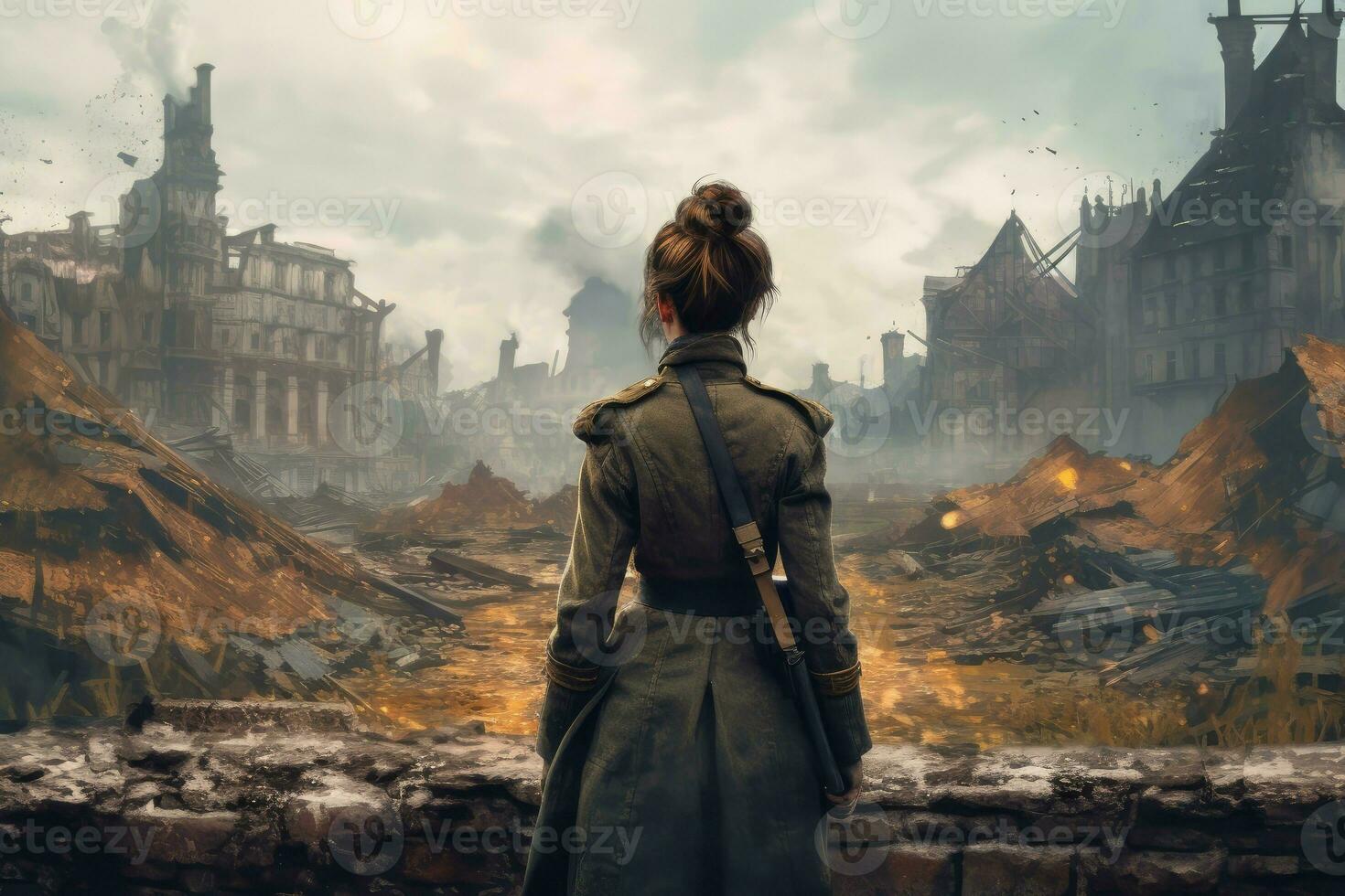 militaire femme flamme ruiné ville. produire ai photo