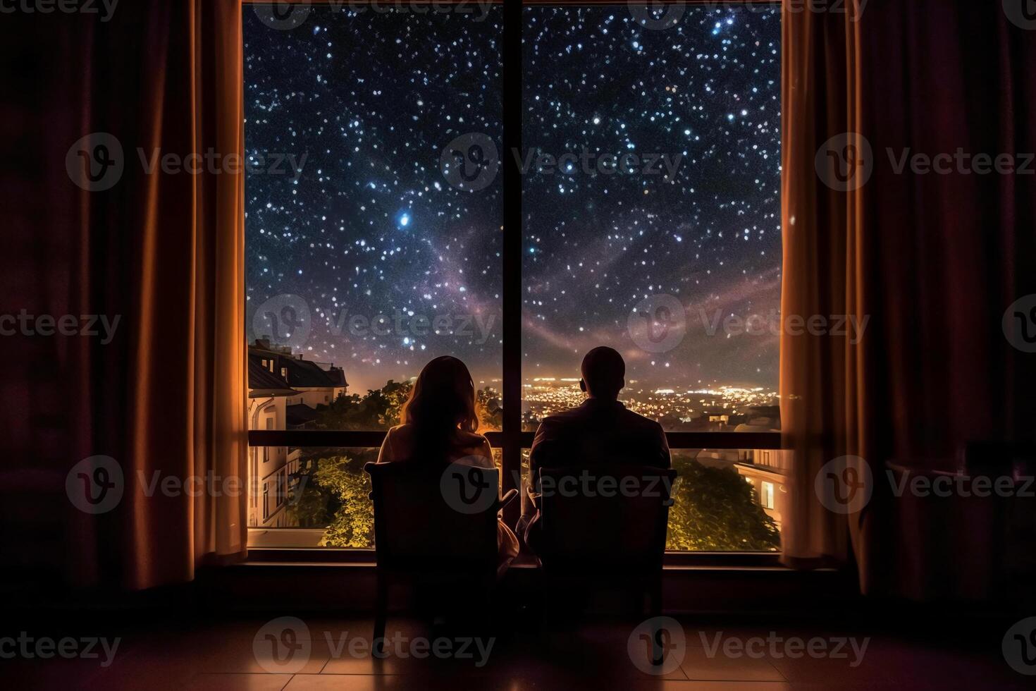 le retour de une couple séance par le Hôtel fenêtre, le vue par le fenêtre est une étoilé nuit. ai génératif photo