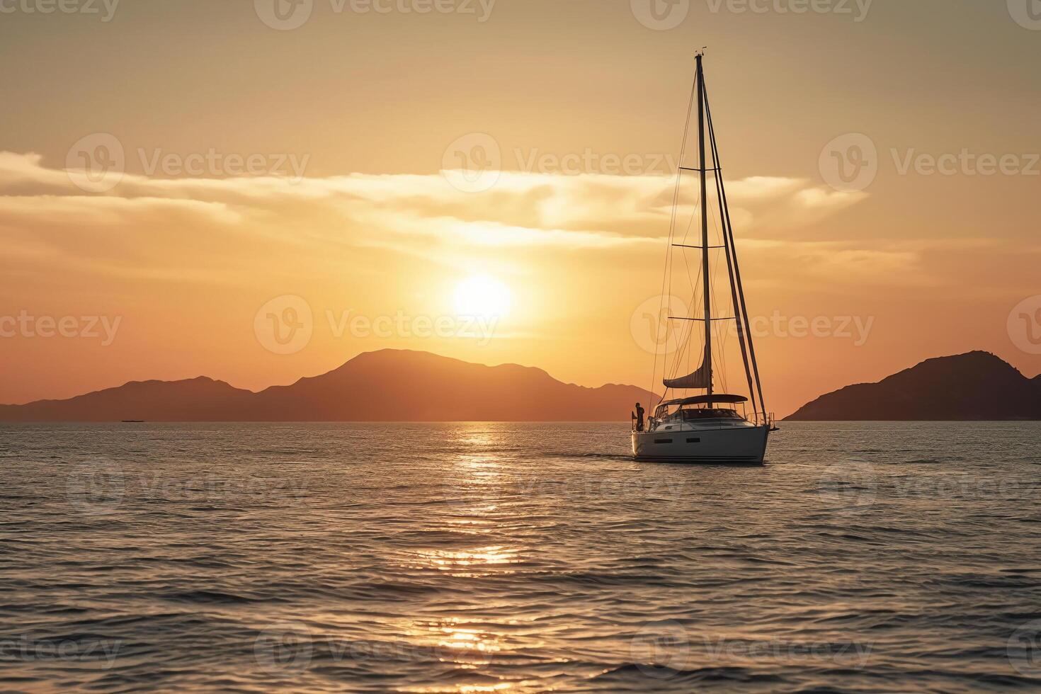 luxe yacht voile dans le milieu de le mer à côté de un île et montagnes dans le horizon à le coucher du soleil comme large bannière. ai génératif photo