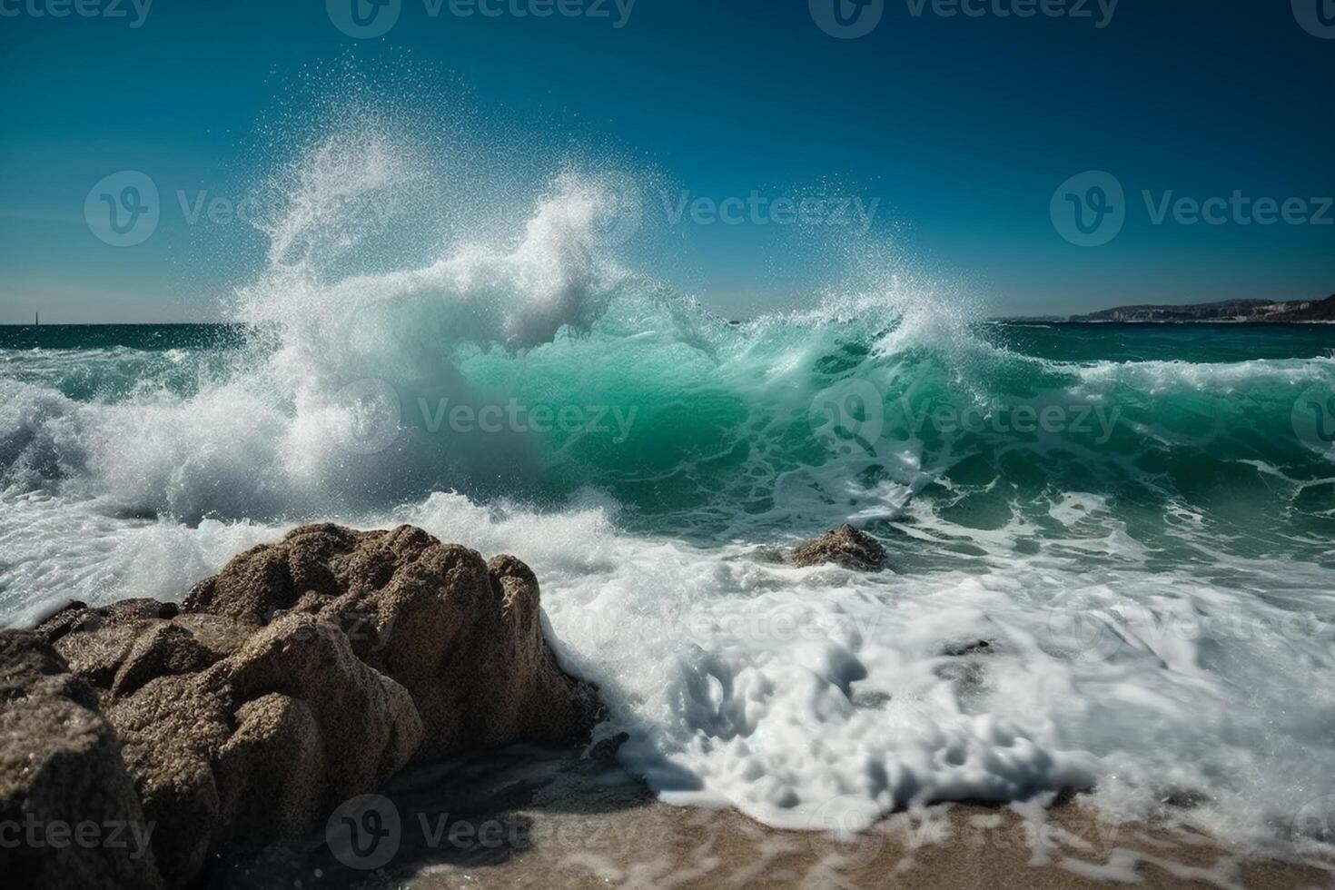 ensoleillé jour, beauté de Marin nature, force et Puissance de le l'eau élément dans forme de une grand turquoise mer vague s'écraser sur rive. ai génératif photo