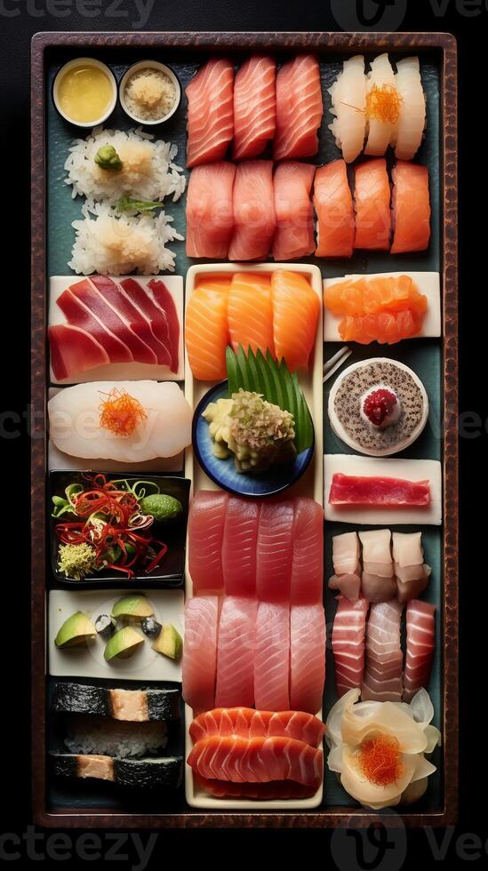 Sushi, déconstruit chef-d'œuvre, vibrant poisson tranches. ai génératif photo