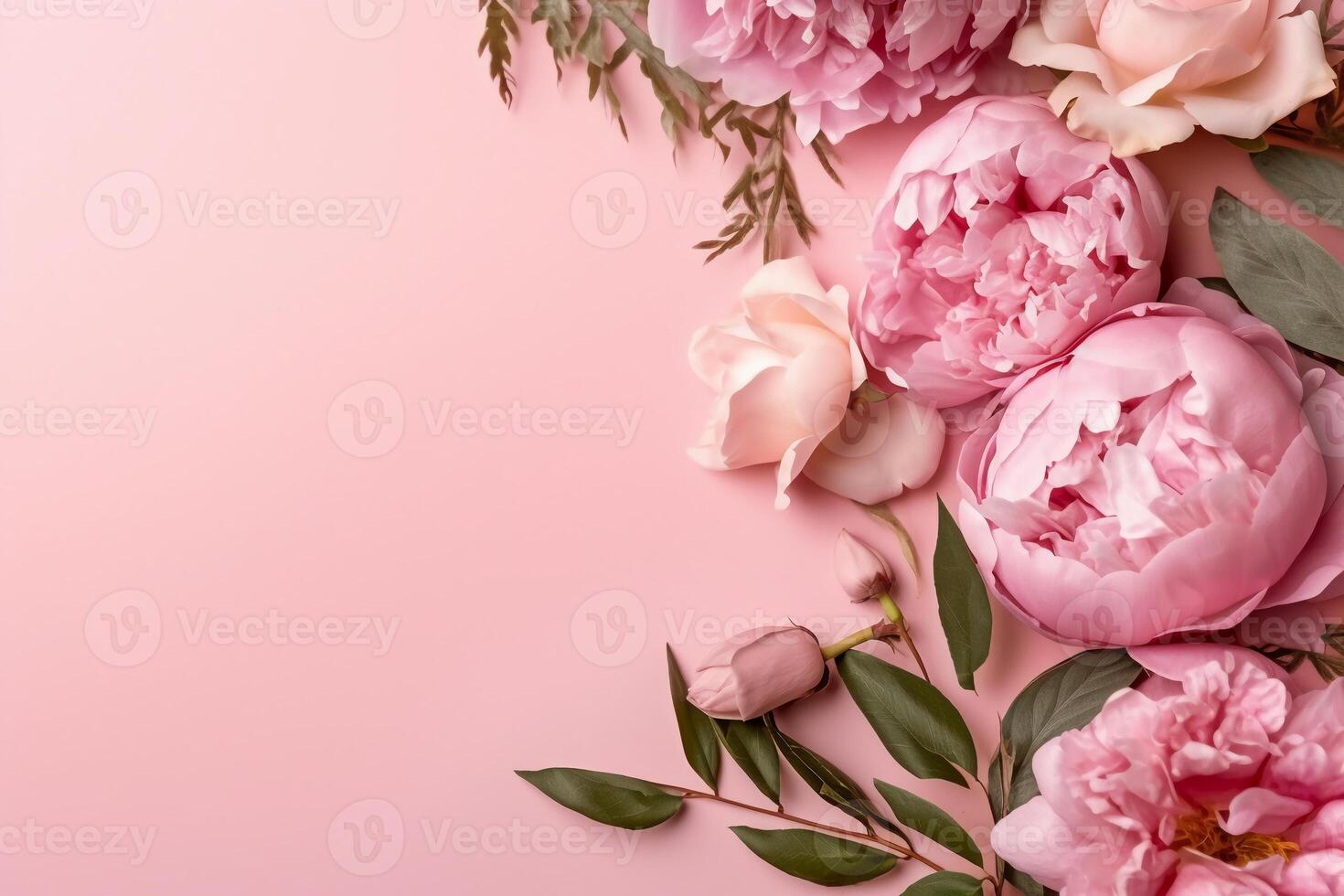 pivoines, des roses sur rose Contexte avec copie espace. abstrait Naturel floral Cadre disposition avec texte espace. romantique féminin composition. ai génératif photo