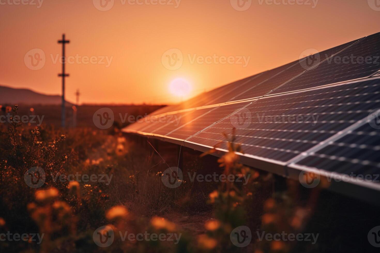 proche - en haut coup de une solaire photovoltaïque panneau avec une magnifique le coucher du soleil dans le arrière-plan, mettant en valeur le renouvelable énergie concept. ai génératif photo