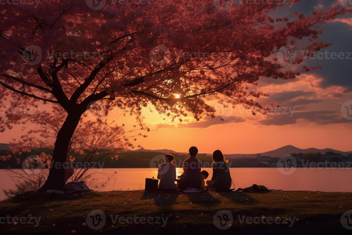 le silhouette de une famille profiter une pique-nique en dessous de une Cerise fleur arbre dans le coucher du soleil ciel. ai génératif photo