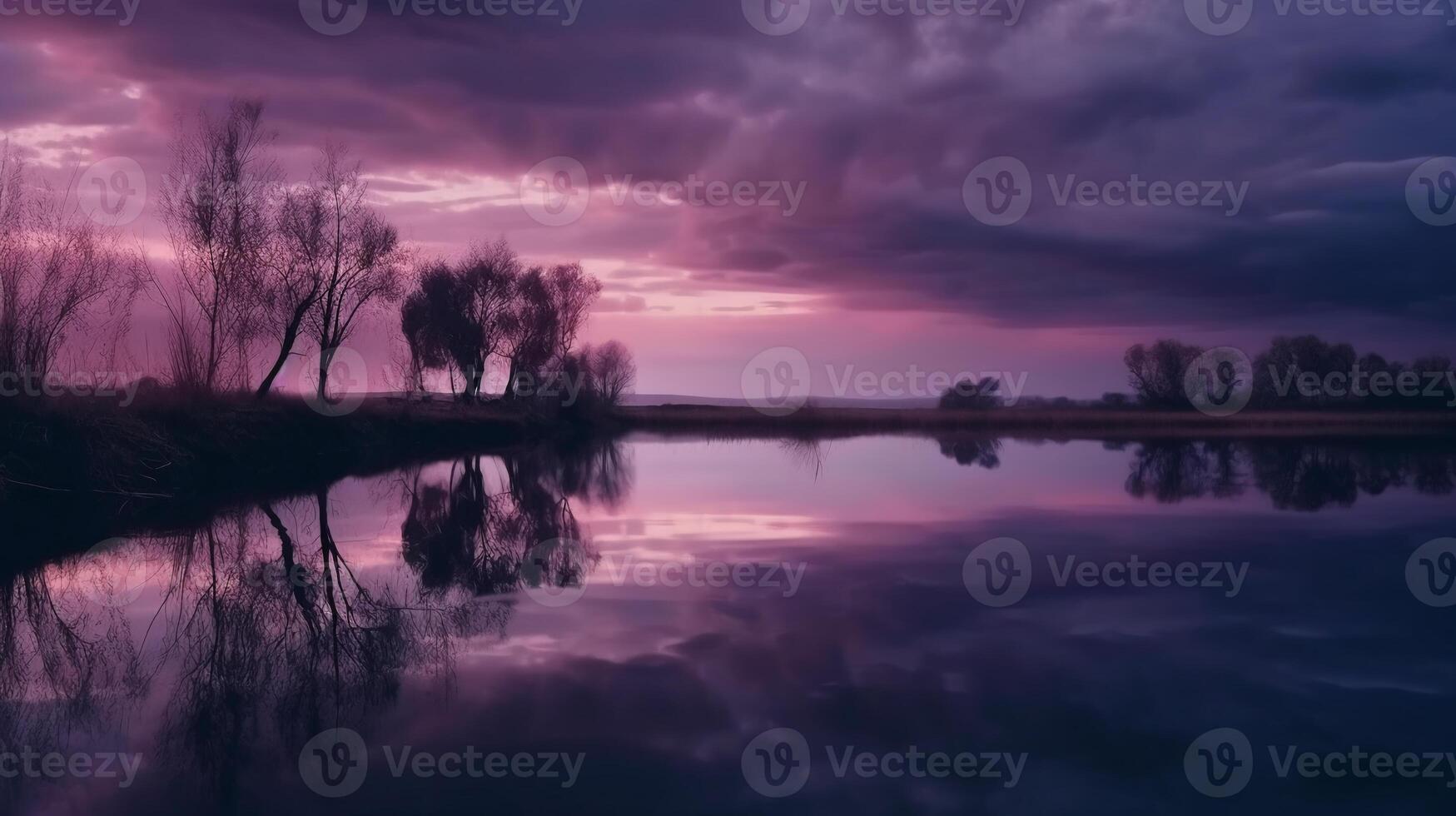 une scène dans lequel le tout violet ciel est réfléchi dans le l'eau. ai génératif photo