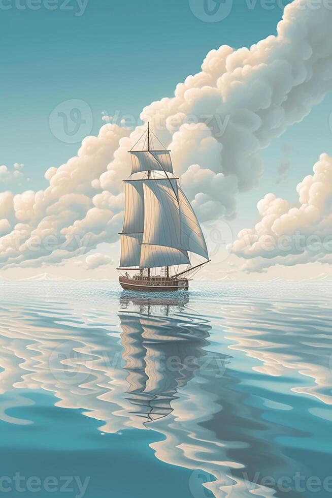 une voilier et des nuages dans le l'eau. ai génératif photo