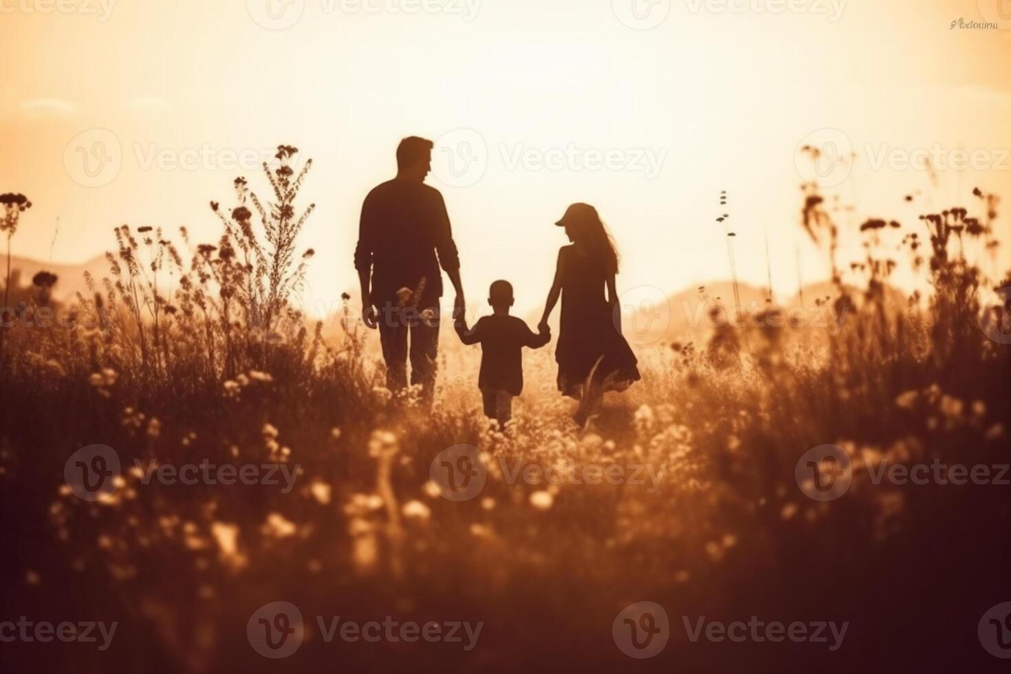 silhouette de content famille en marchant dans le Prairie à le coucher du soleil. ai génératif photo