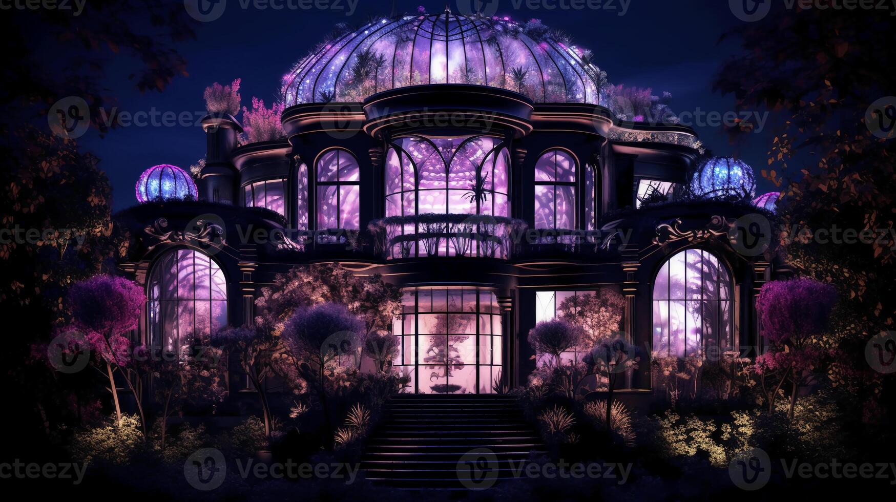 noir maison Royal extérieur, ovale villa, maximalisme, fleurs, devine, esthétique, violet lumière, hypermaximaliste, swarovski cristaux, détaillé, exquis. ai génératif photo