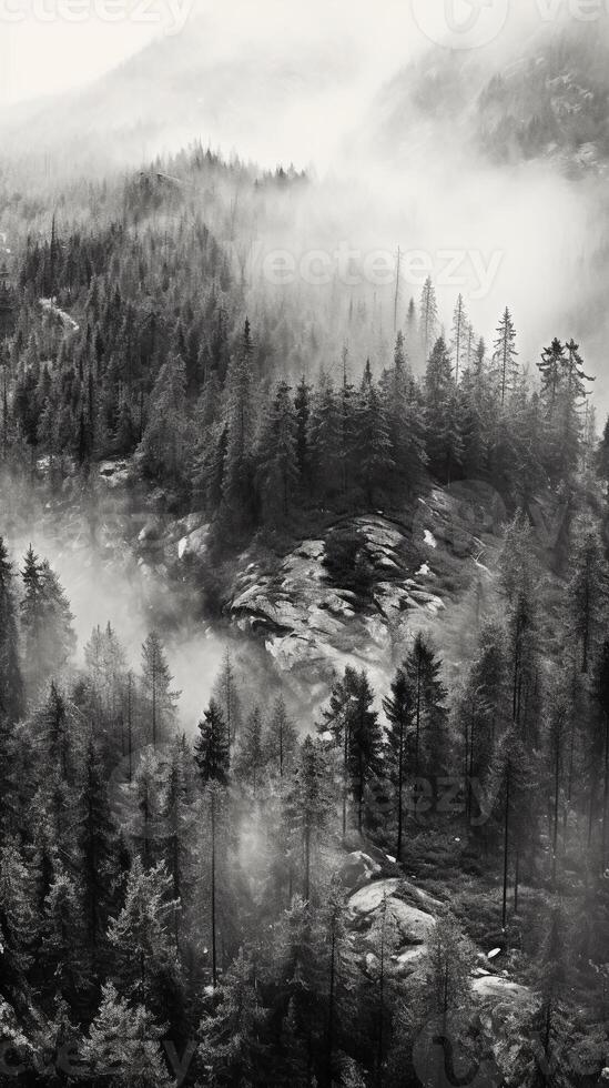 Montagne forêt avec brouillard et brouillard. ai génératif photo