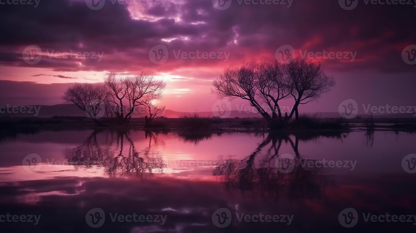 une scène dans lequel le tout violet ciel est réfléchi dans le l'eau. ai génératif photo