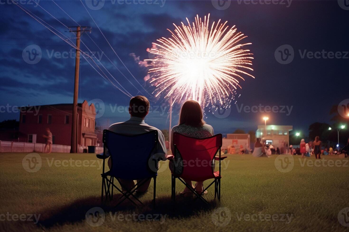 une Jeune couple asseoir ensemble à regarder fête feux d'artifice dans Amérique. ai génératif photo